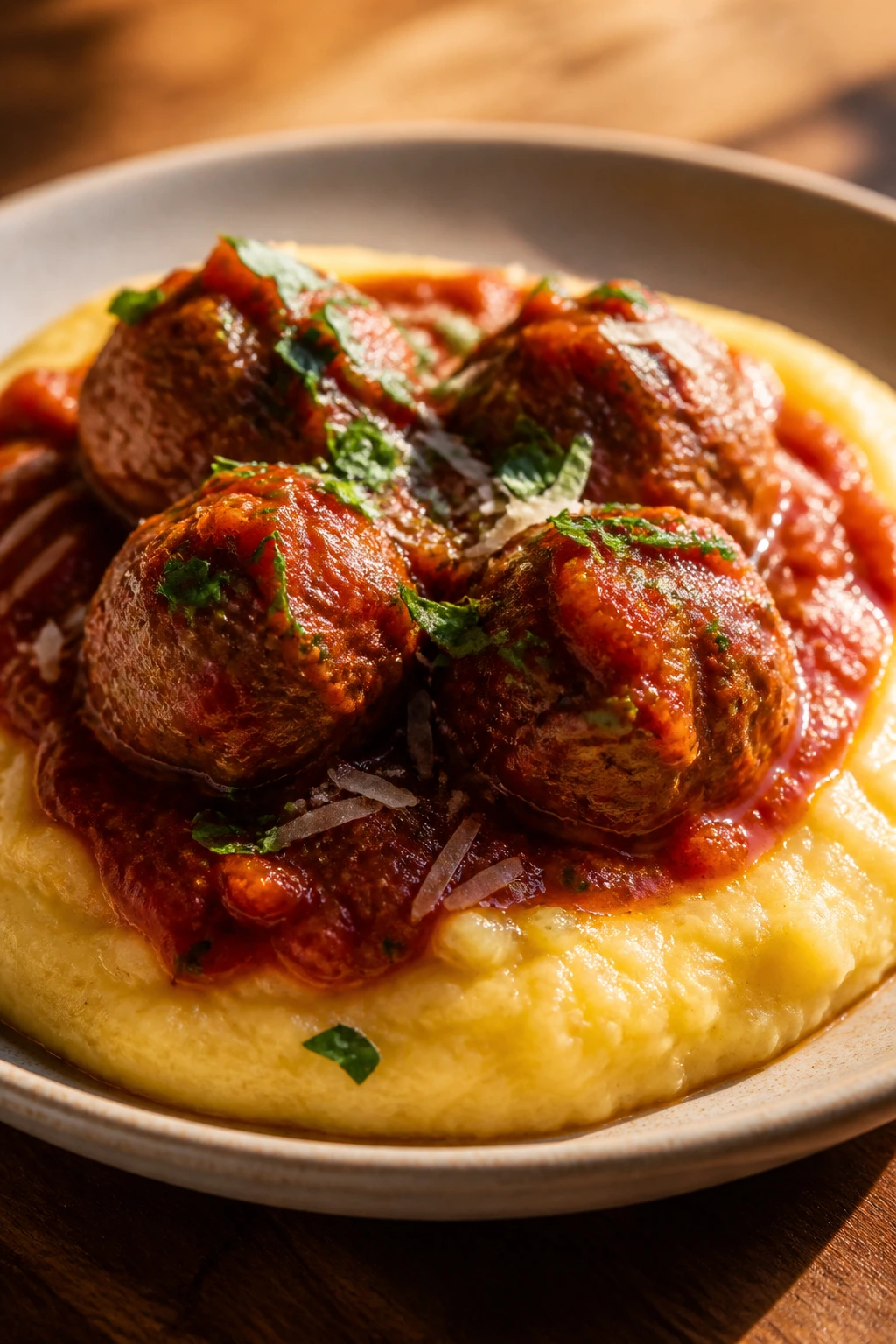 Close-up of sausage meatballs with marinara over polenta