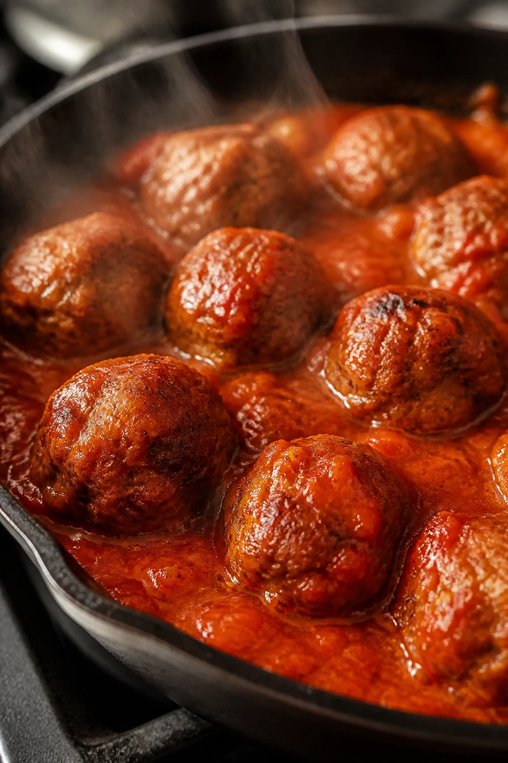 Meatballs in tomato gravy simmering in a skillet