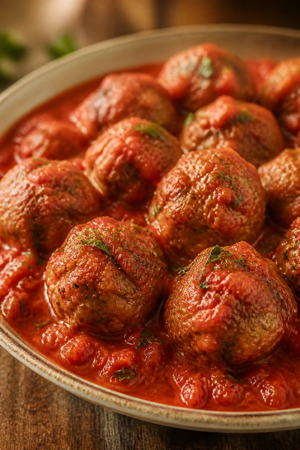 Meatballs in tomato sauce on rustic plate
