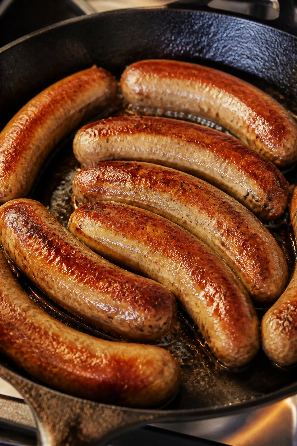 Sausage browning evenly at medium heat in skillet