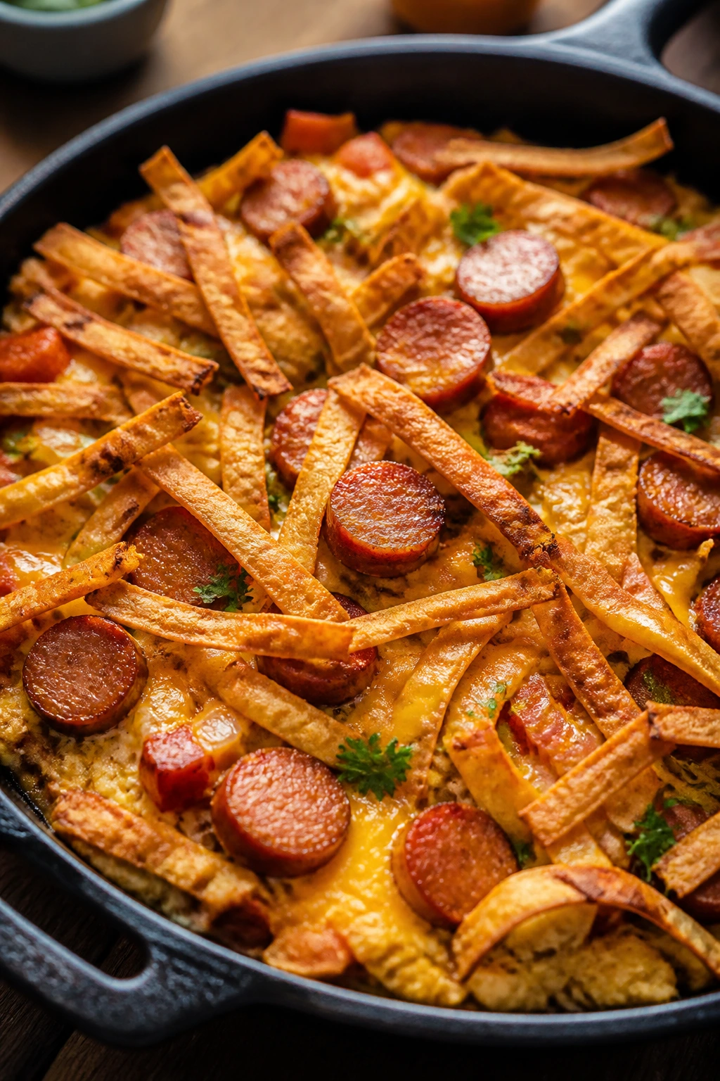 Migas bake with tortilla strips and sausage in a skillet