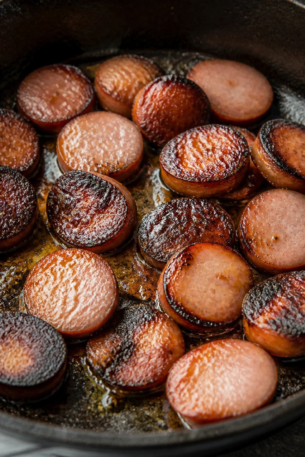 Sausage slices with burnt edges in a skillet