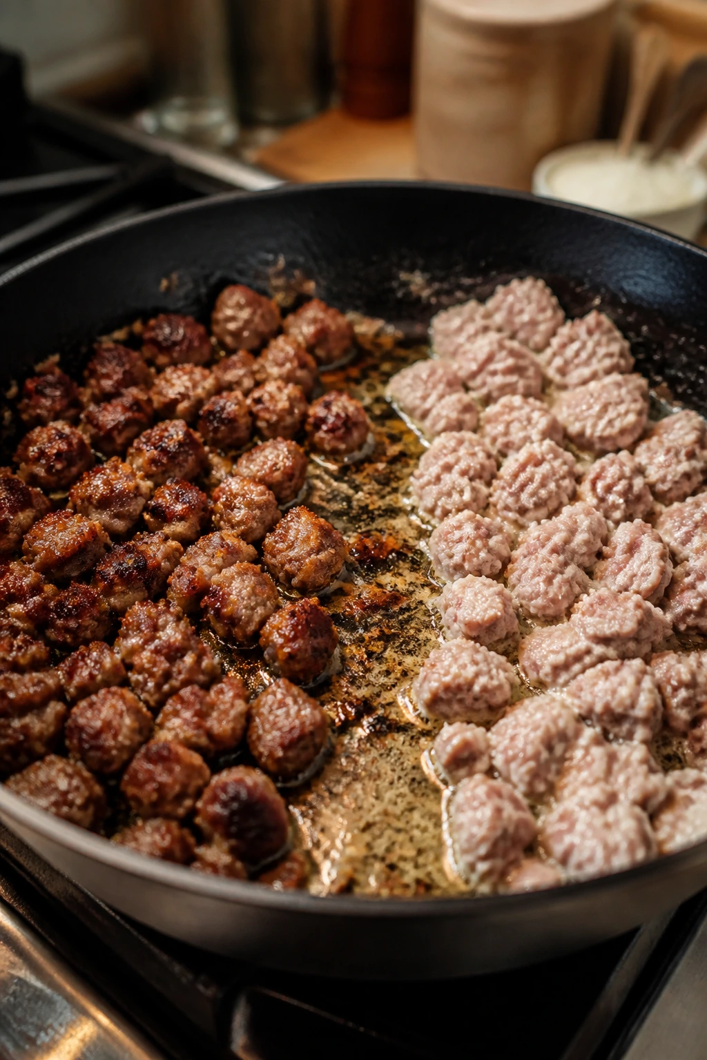 Skillet showing over-browned and pale sausage pieces illustrating common cooking mistakes