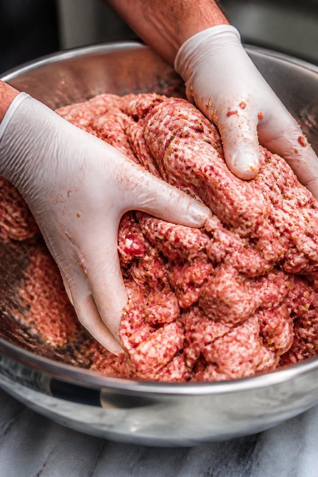 Hands folding seasoned pork in a cold bowl with fennel and garlic