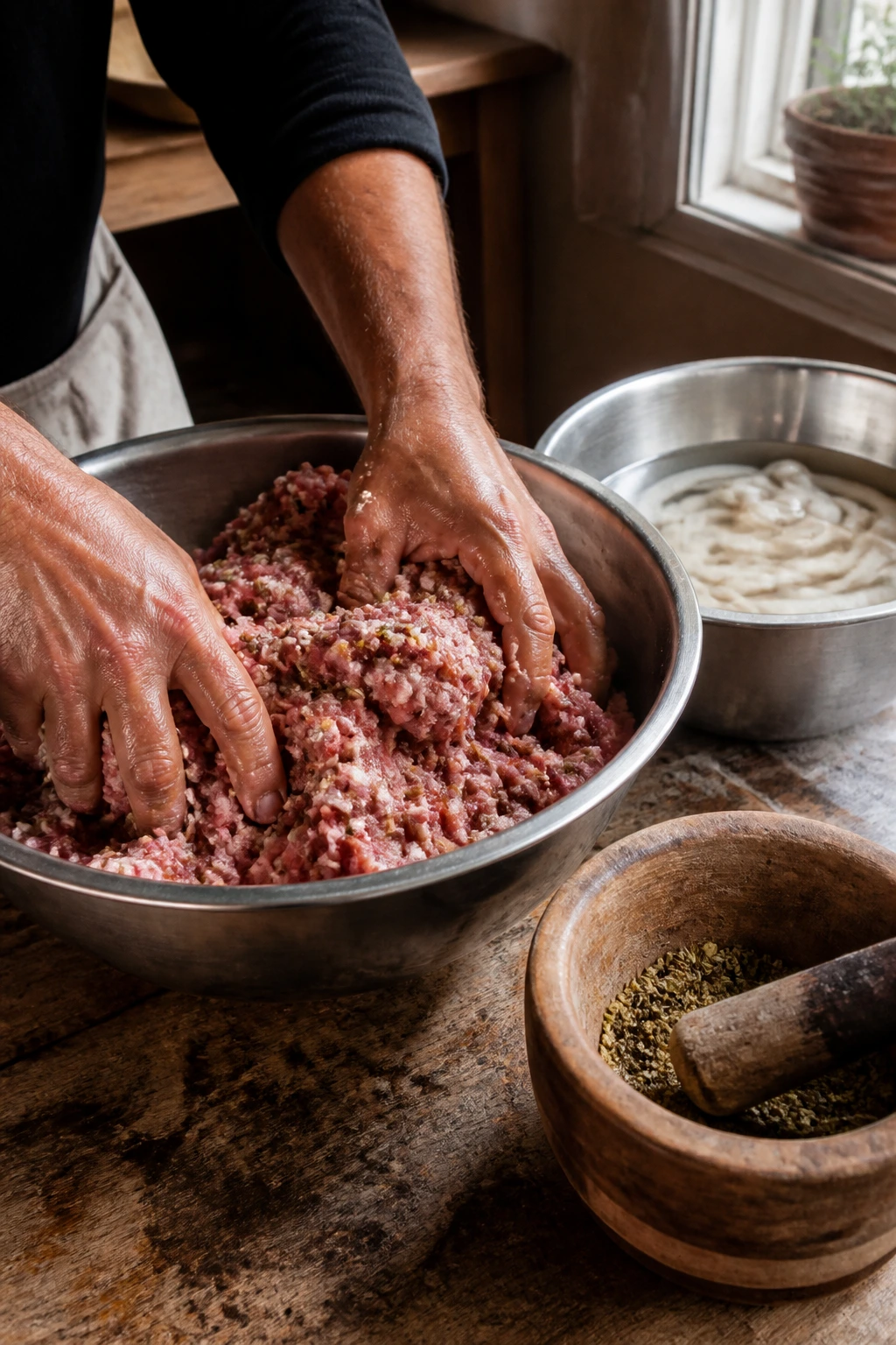 Hands kneading seasoned pork sausage mixture in a bowl with casings soaking nearby