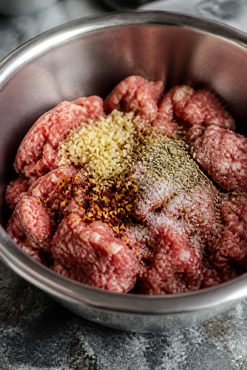 Seasoned sausage mixture in a stainless bowl with fennel and garlic visible