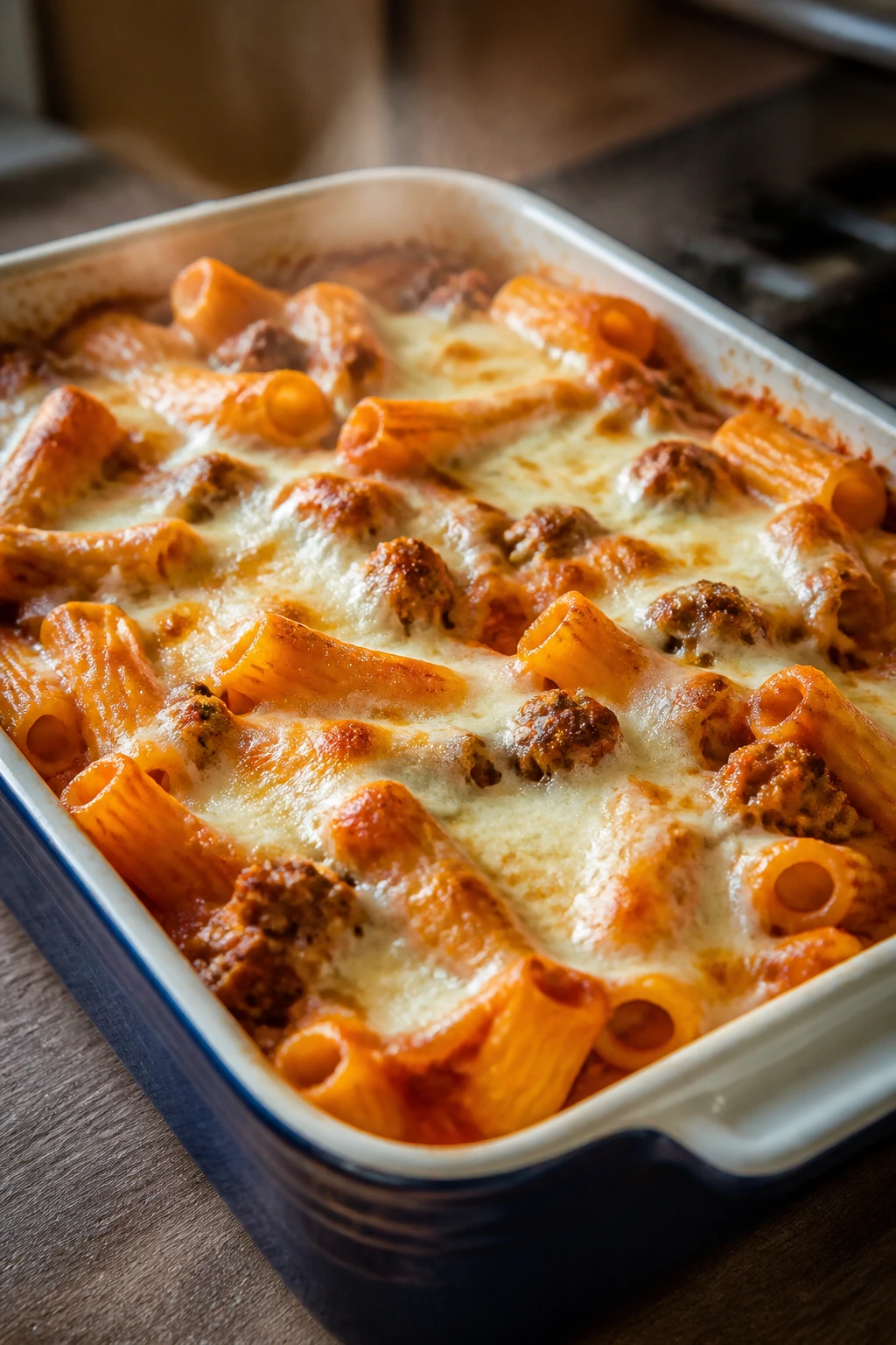 Sausage Mozzarella Pasta Bake bubbling in baking dish.