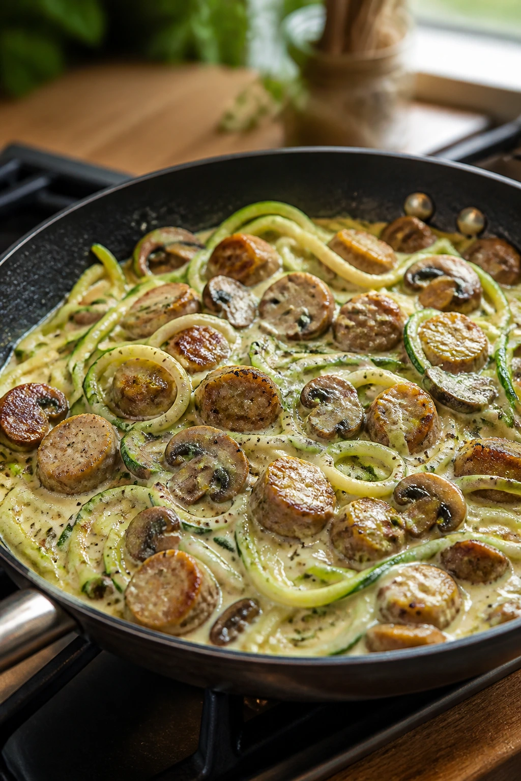 Close-up of sausage and mushroom alfredo zoodle skillet with zucchini noodles in creamy sauce