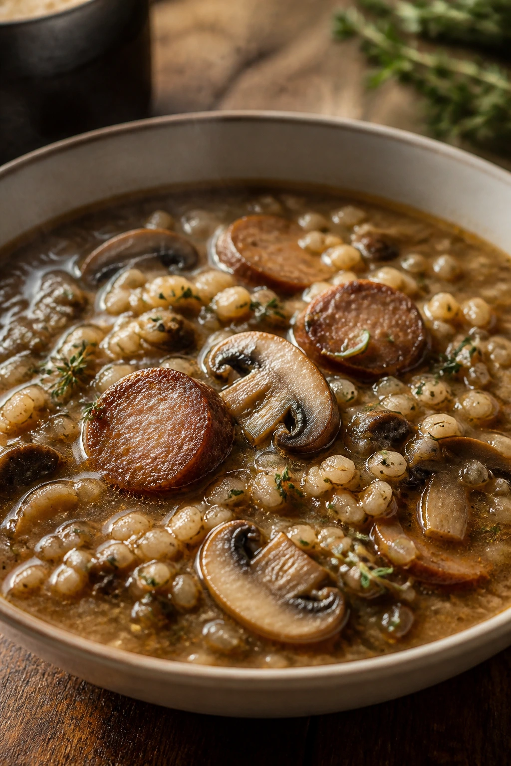 Steaming bowl of sausage, mushroom, and barley soup on a wooden table