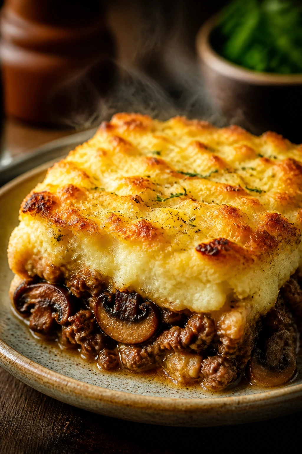 plated cottage pie with sausage and mushrooms under mashed potato crust
