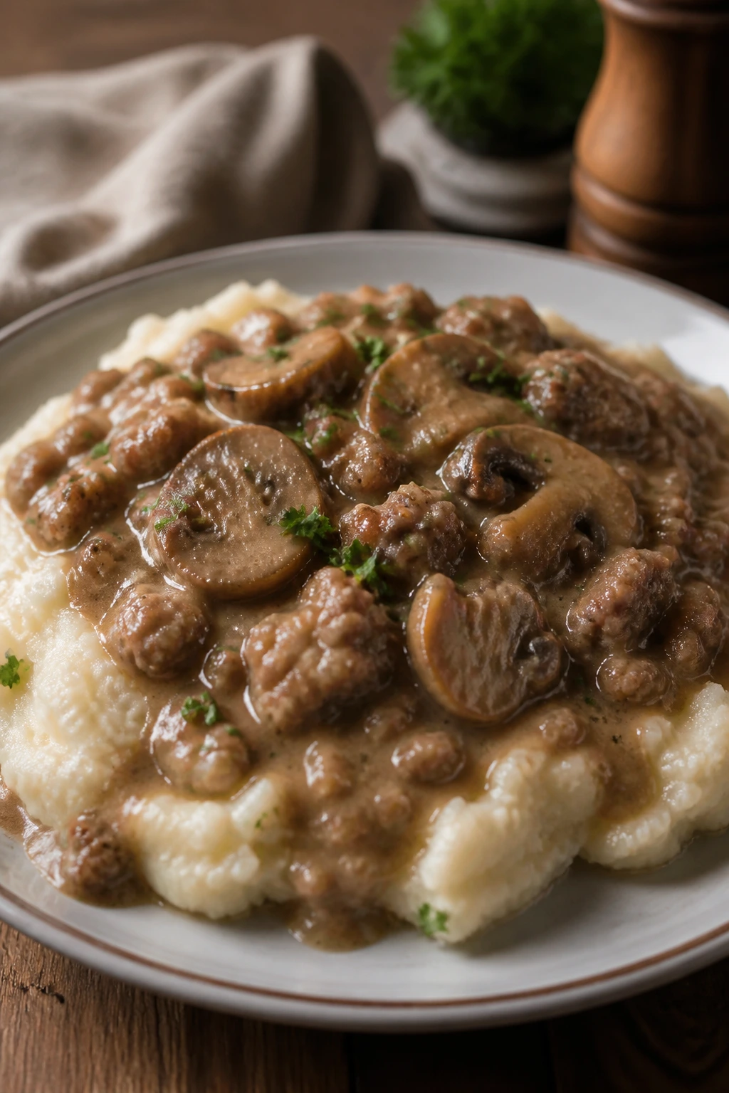 Mashed potatoes with sausage and mushroom gravy close-up