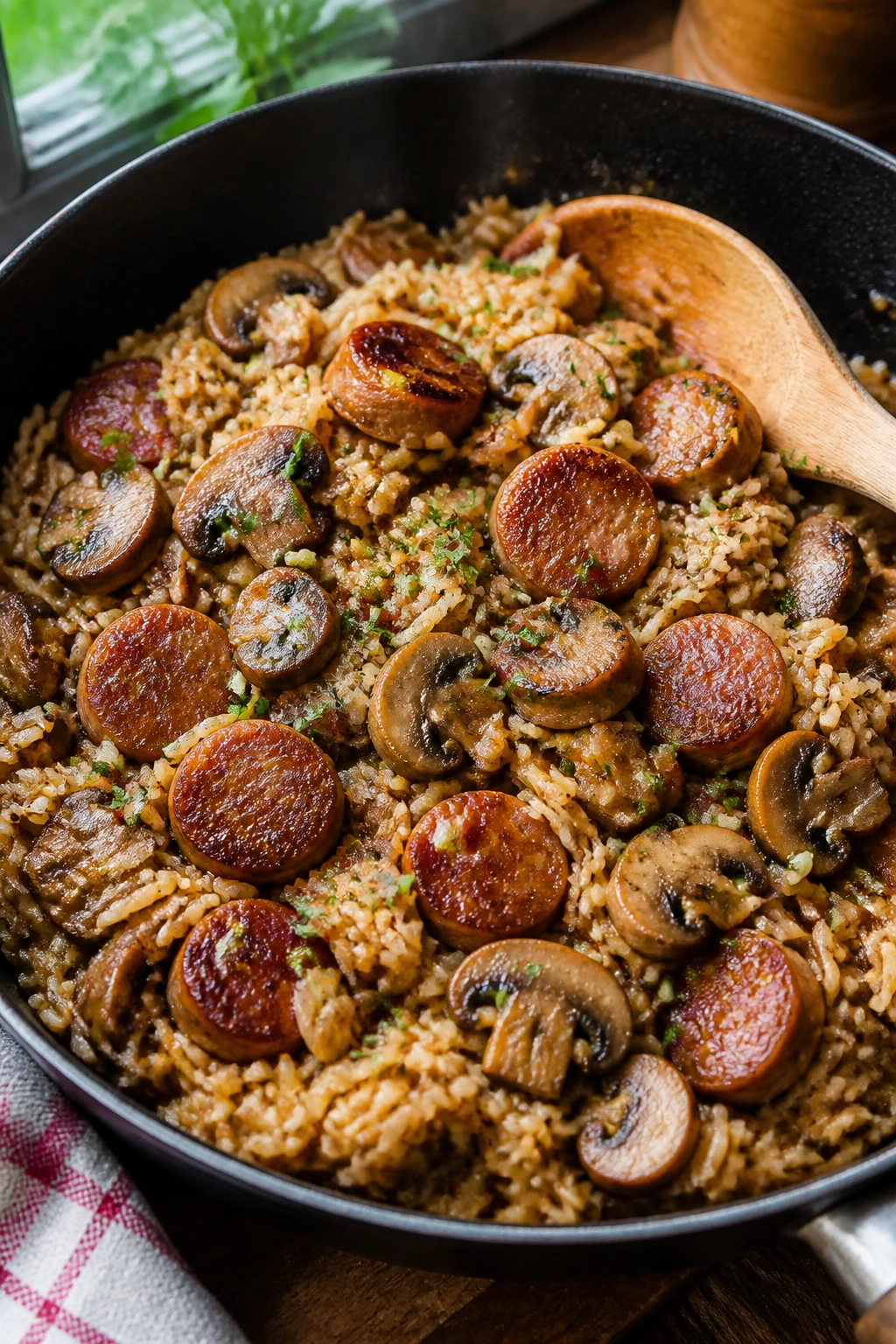 Close-up of sausage and mushroom rice skillet with herbs