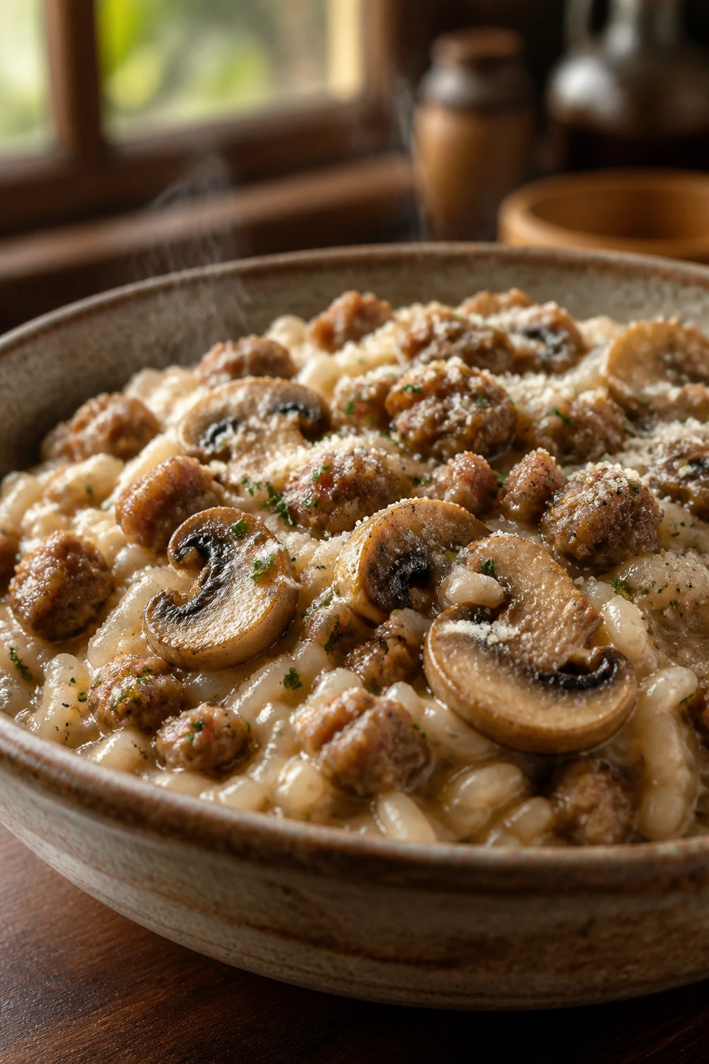 Close-up of creamy sausage and mushroom risotto in a rustic bowl