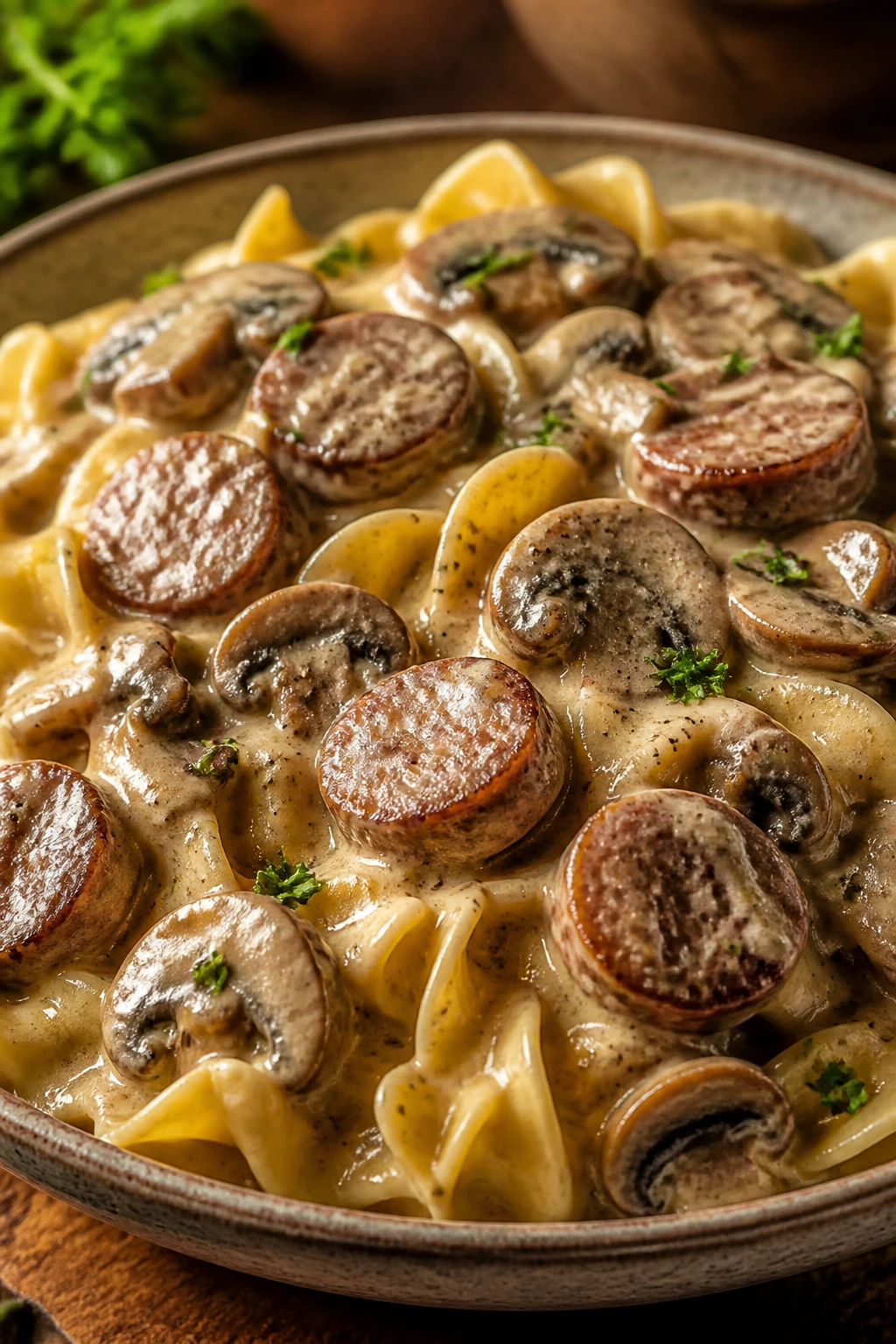 Creamy sausage mushroom stroganoff over egg noodles in a rustic bowl