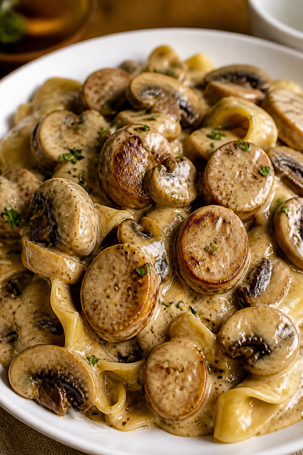 Plate of sausage and mushroom stroganoff with noodles in creamy sauce.
