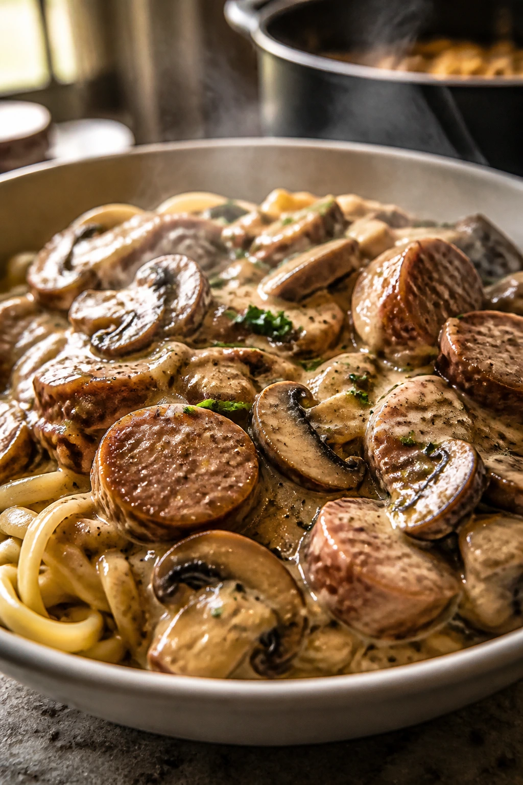 Creamy sausage mushroom stroganoff in a bowl with noodles