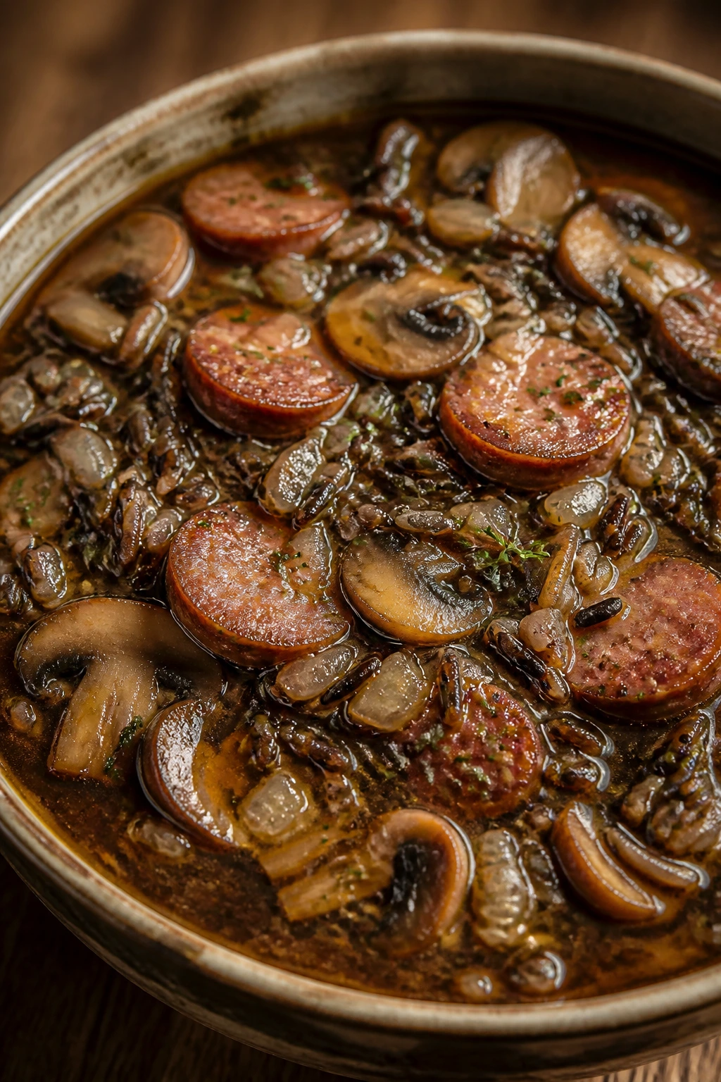 Close-up of Sausage Mushroom Wild Rice Soup in a bowl with mushrooms