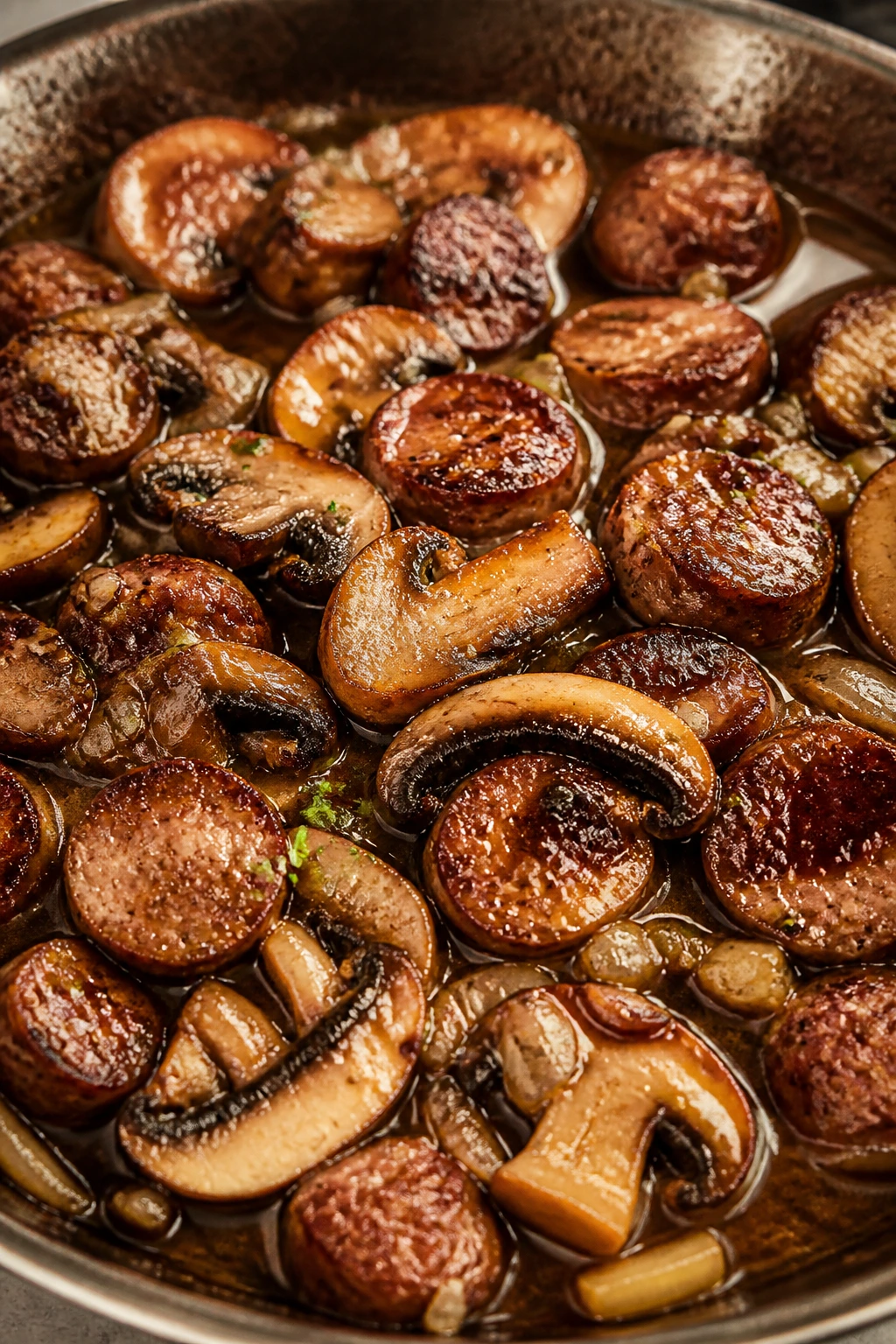 Close-up of sausage and mushrooms in Marsala sauce