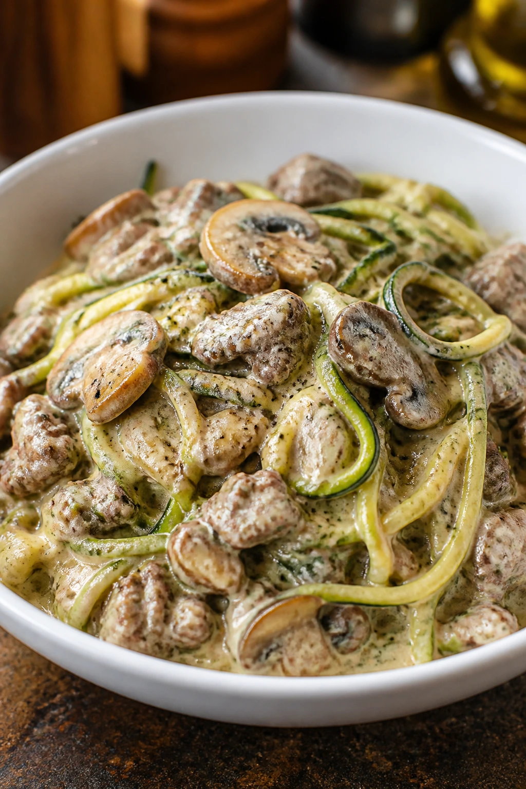 Creamy sausage and mushroom zoodles in a bowl