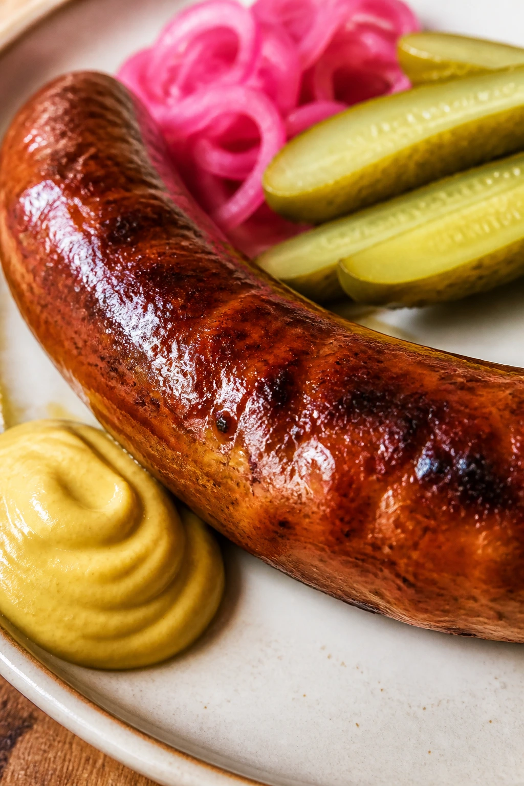 Sausage with mustard and pickles to brighten richness
