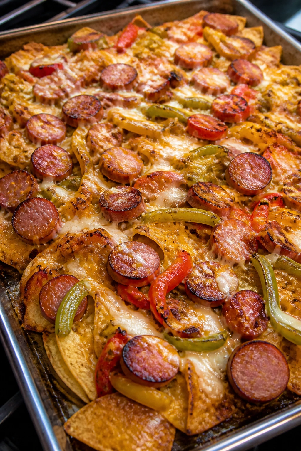 Sheet pan nachos with sausage and peppers and melted cheese