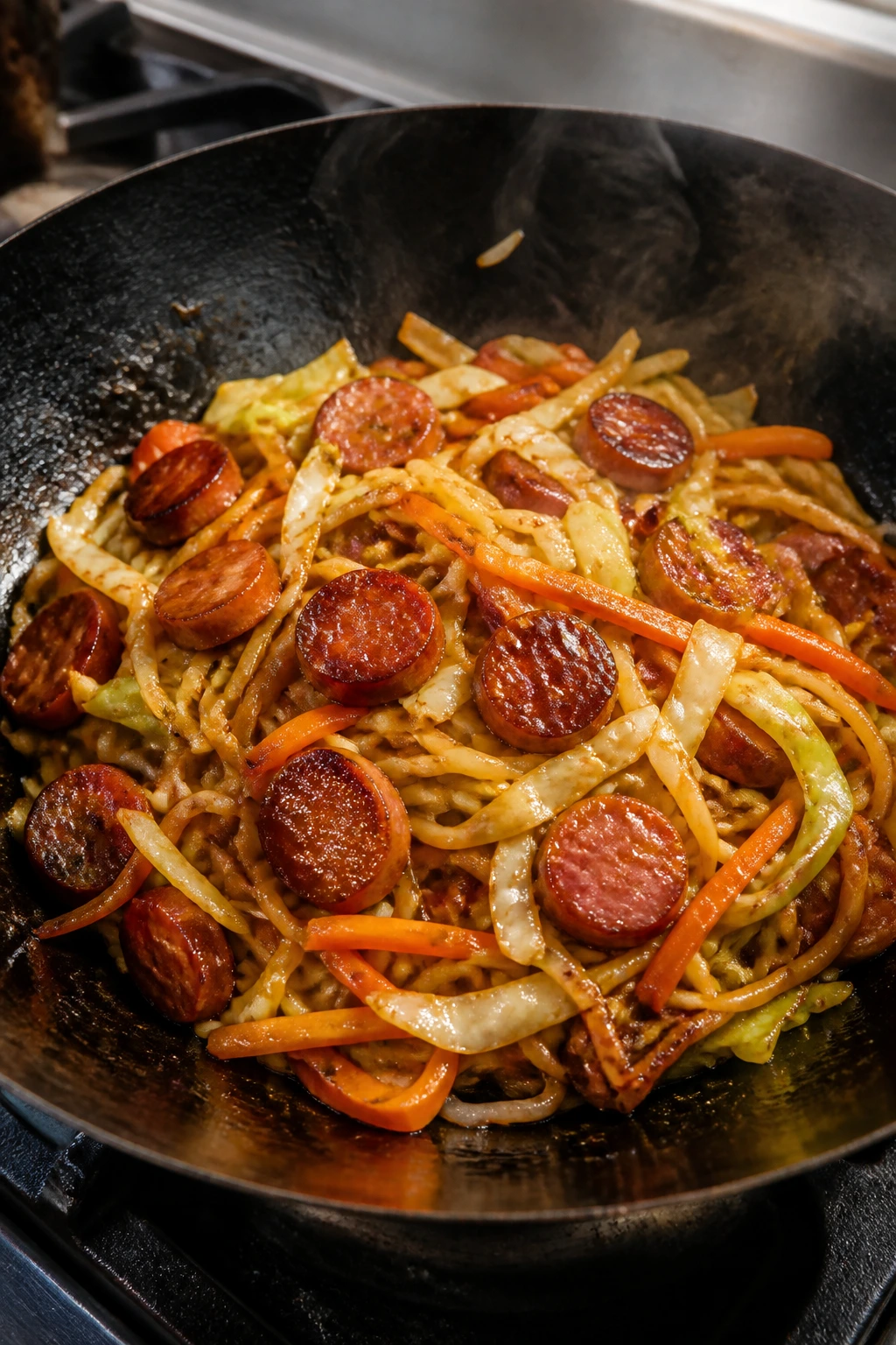 Close-up of stir-fried sausage with noodles and vegetables in a wok