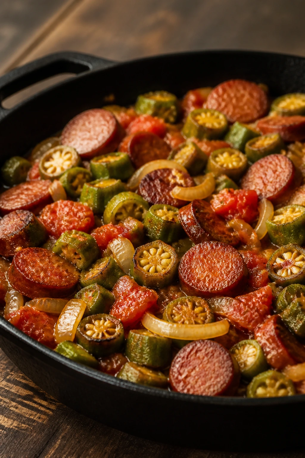 Cast-iron skillet with sausage and okra in a warm kitchen