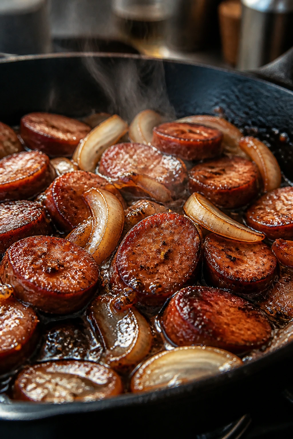 Sizzling skillet showing sausage, onion, and glaze.