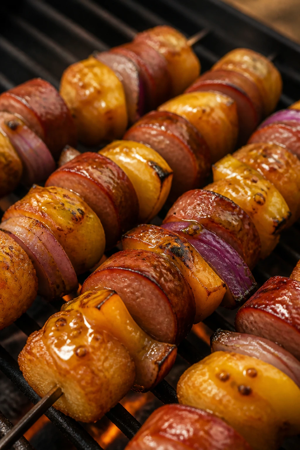 Close-up of sausage onion mustard tater tot skewers on a grill