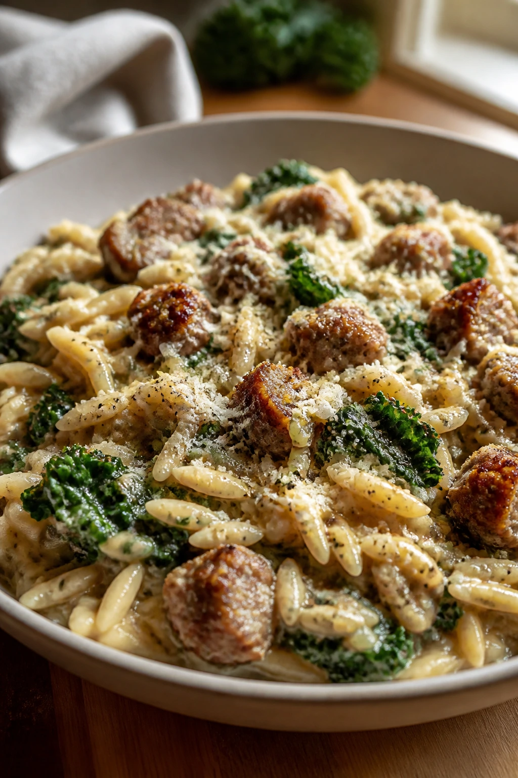 Creamy sausage kale orzo in a bowl with kale and sausage pieces