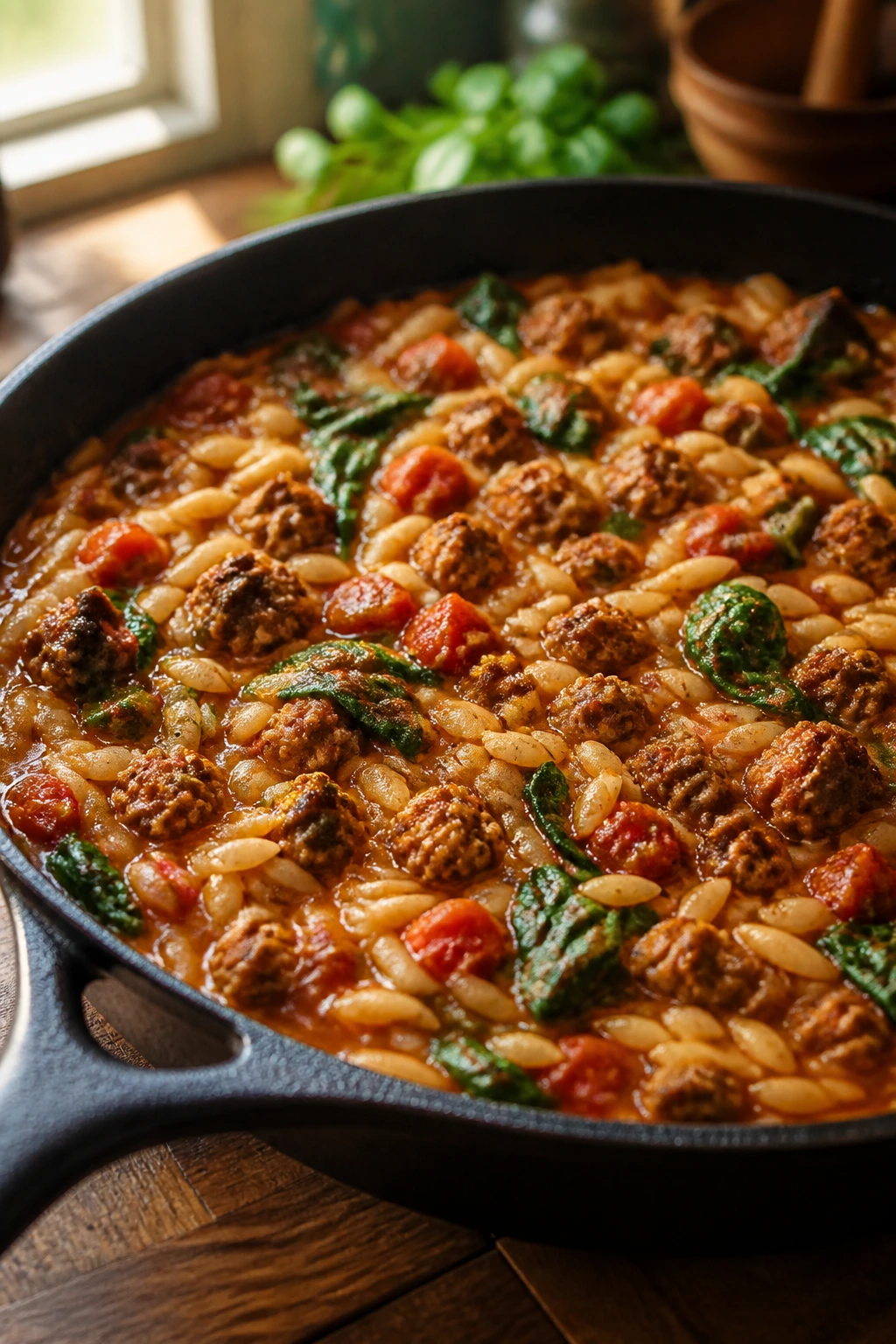 Close-up of hot Italian sausage with tomato orzo and spinach in a skillet