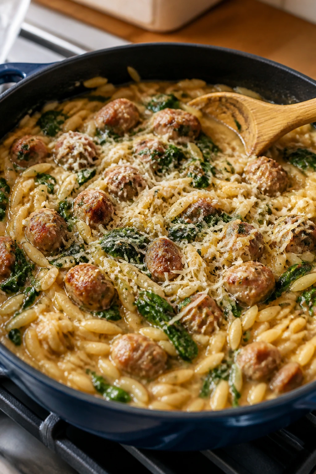 Orzo with sausage and spinach in a skillet