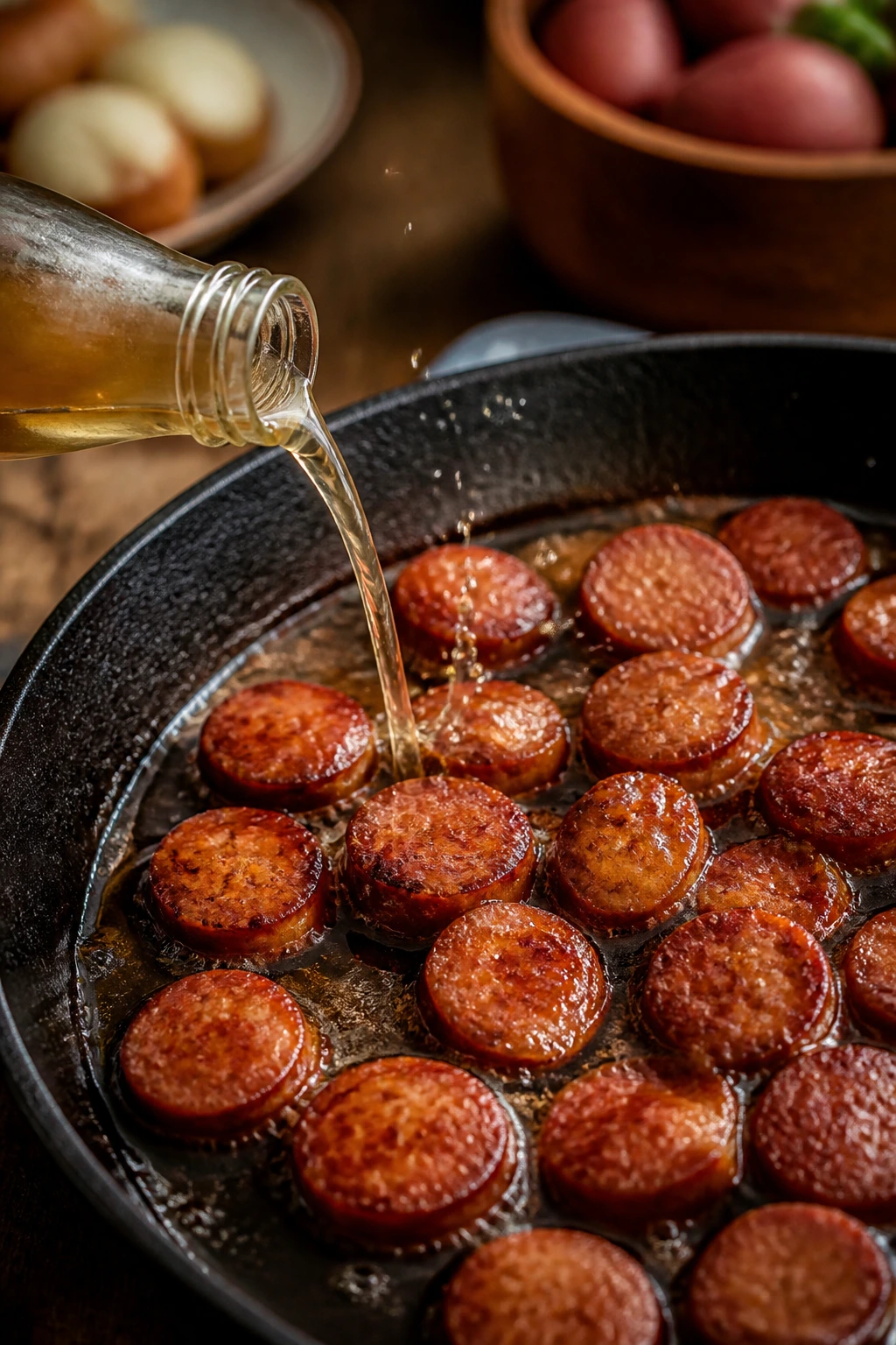Sizzling sausage in a pan with glaze and a hint of vinegar finish.