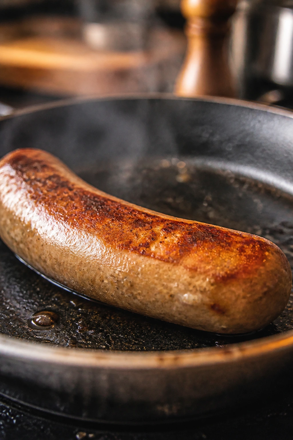Sausage in a pan with minimal smoke and browned crust