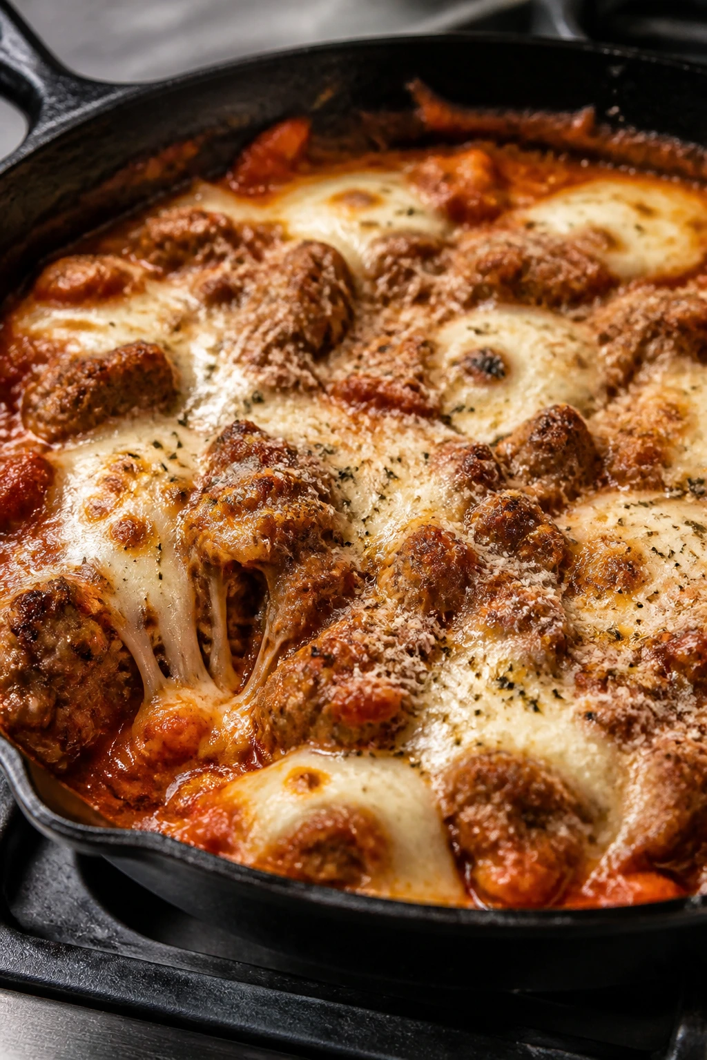Sausage in marinara with melted mozzarella in a skillet