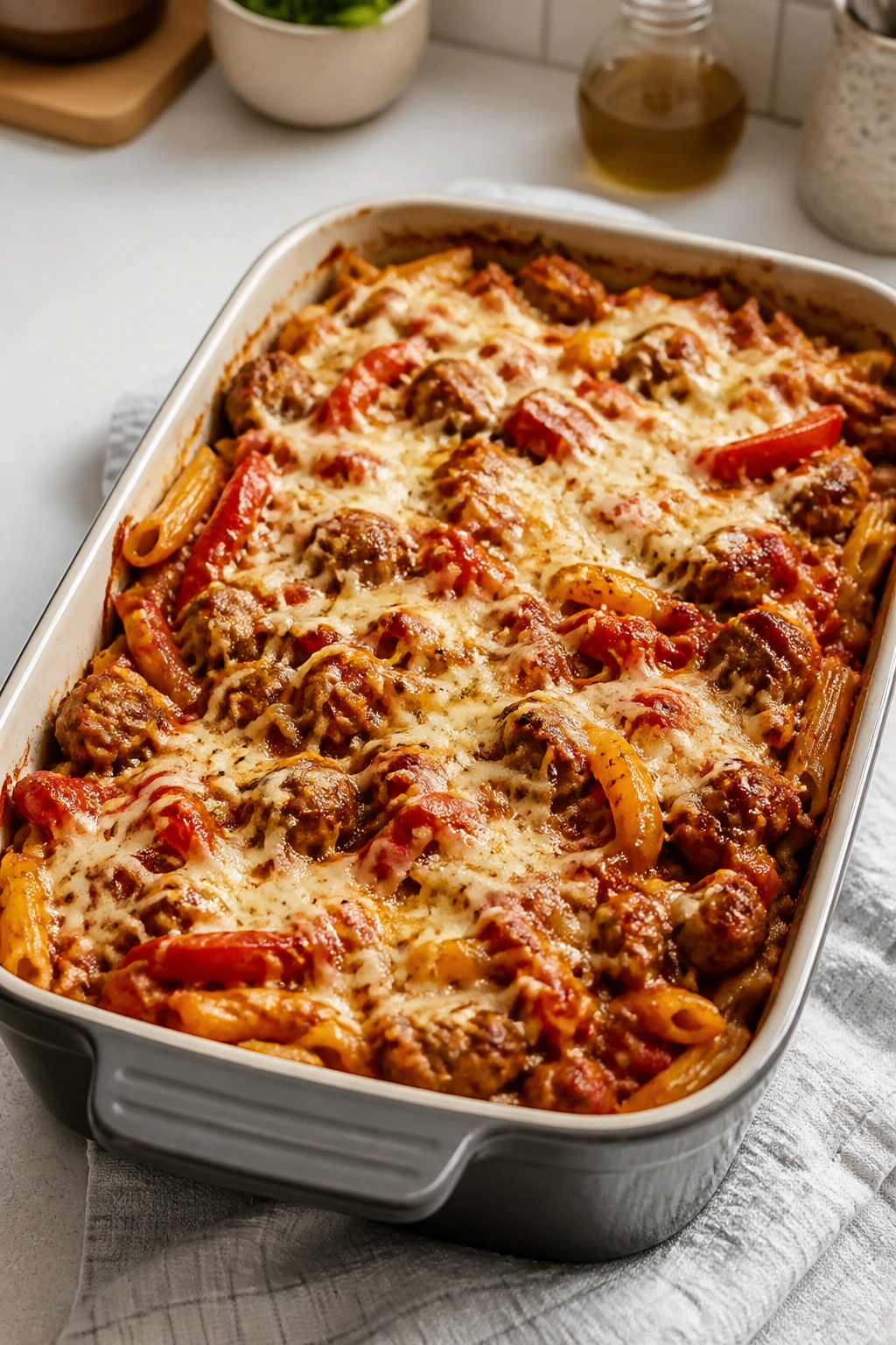 Medium close-up of a sausage and pepper pasta bake in a baking dish