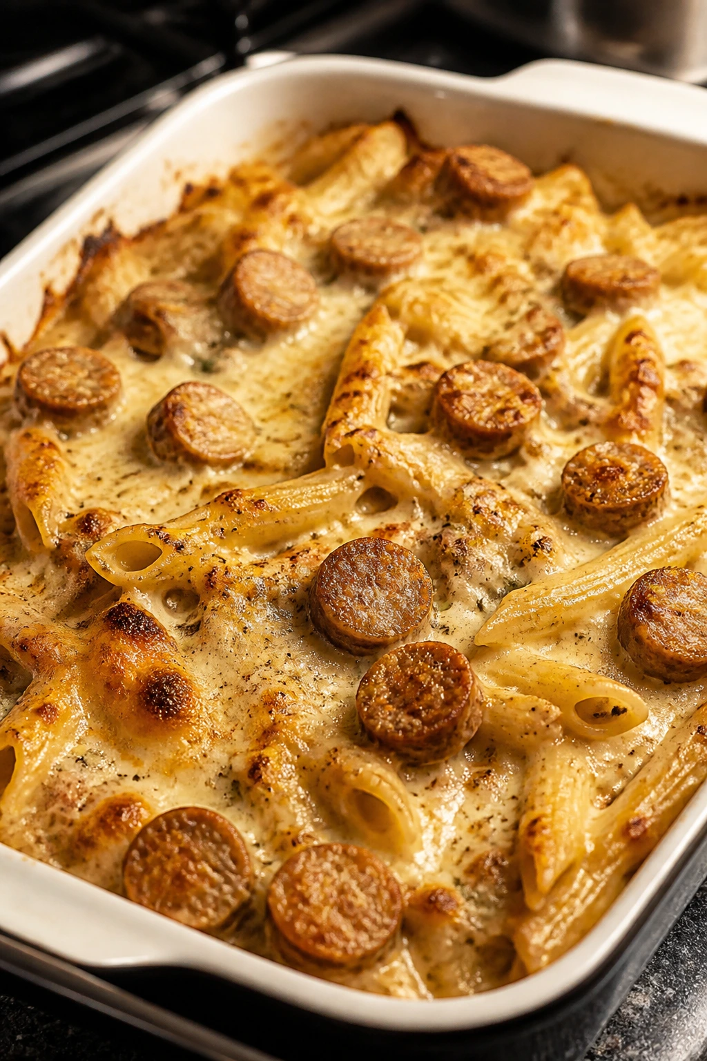 Bubbly sausage Alfredo pasta bake with golden top