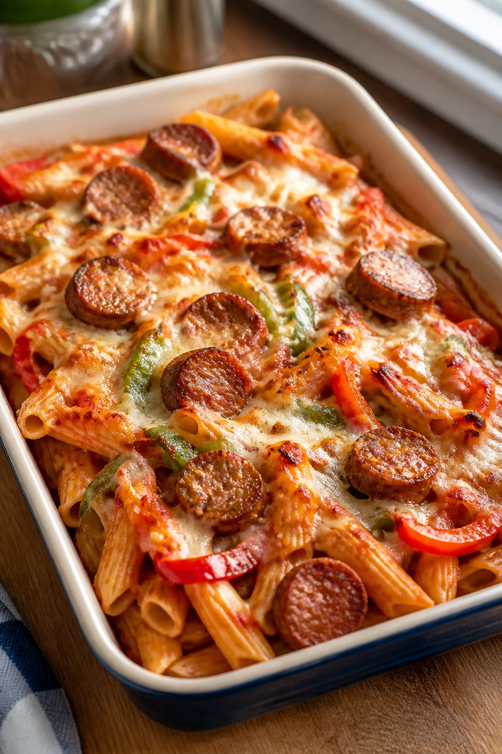 Close-up of sausage pepper pasta bake with mozzarella crust in a baking dish
