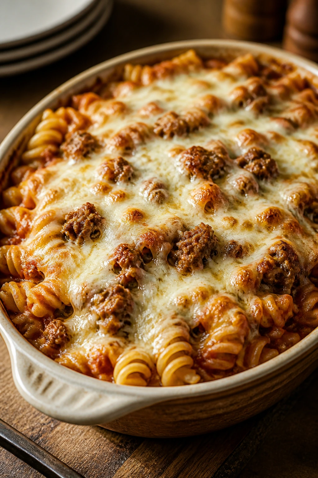 Pasta sausage casserole with mozzarella topping in baking dish