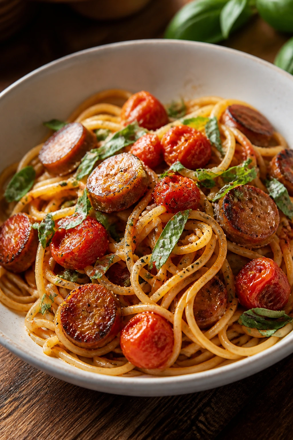 Pasta with sausage, cherry tomatoes, and fresh basil