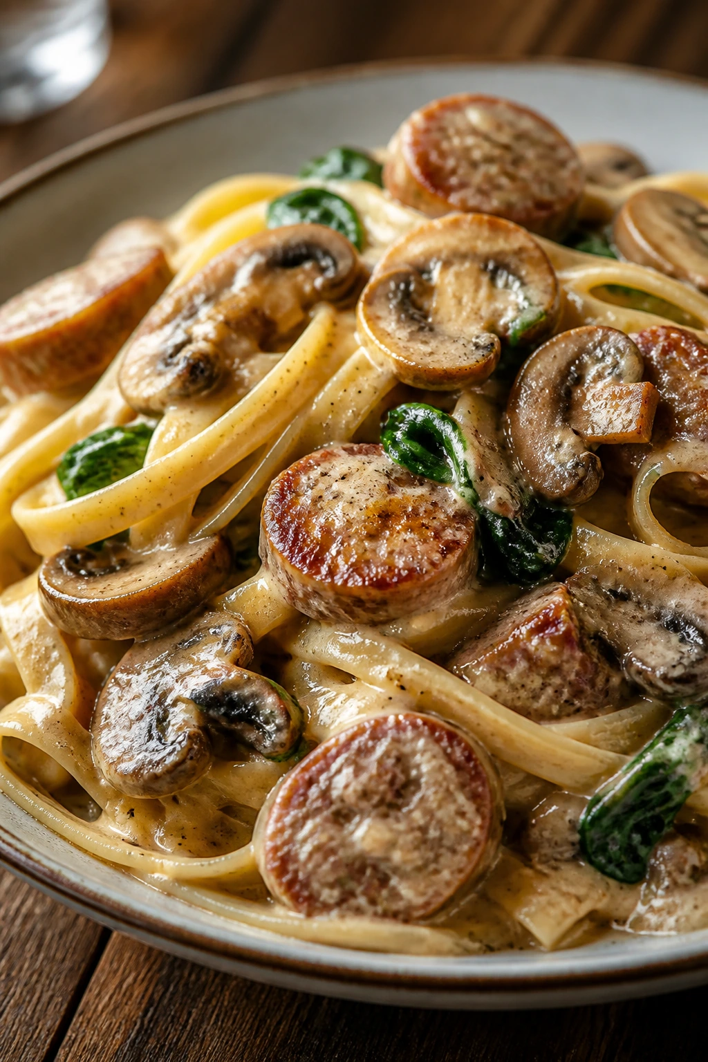 Creamy sausage and mushroom pasta with cream sauce and mushrooms