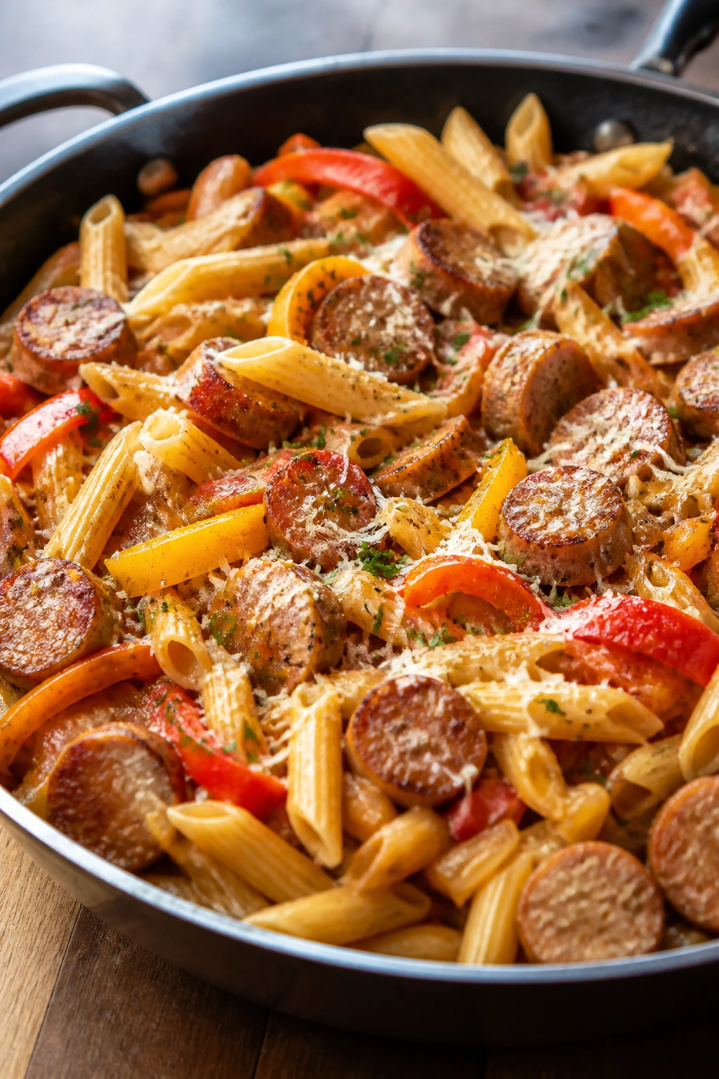 Close-up of Sausage and Pepper Pasta in a skillet with peppers, sausage, and parmesan.