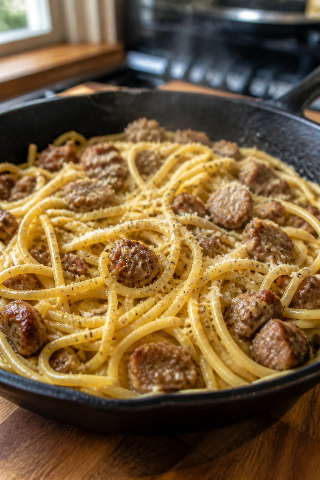 Close-up of sausage and carbonara-style pasta in a skillet