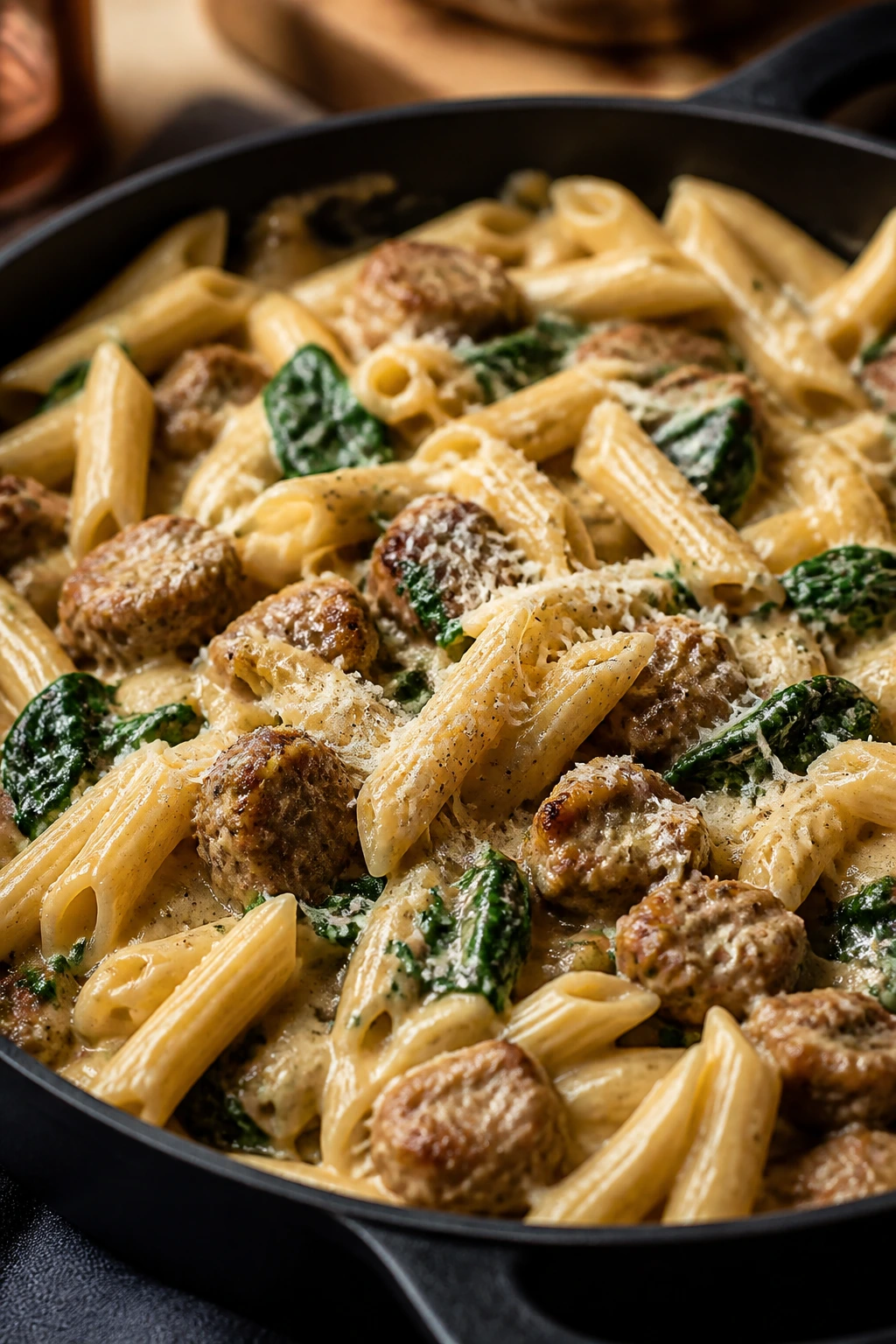 Creamy sausage pasta with spinach in skillet