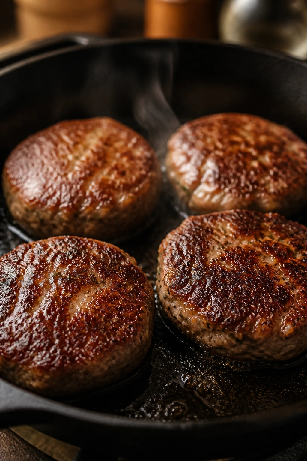 Browned sausage patties crust in a skillet