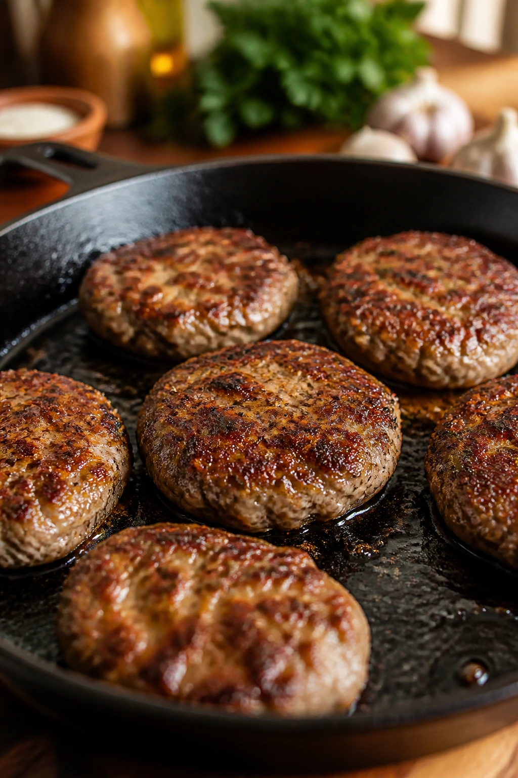 Close-up of juicy Italian sausage patties in a cast-iron skillet with herbs