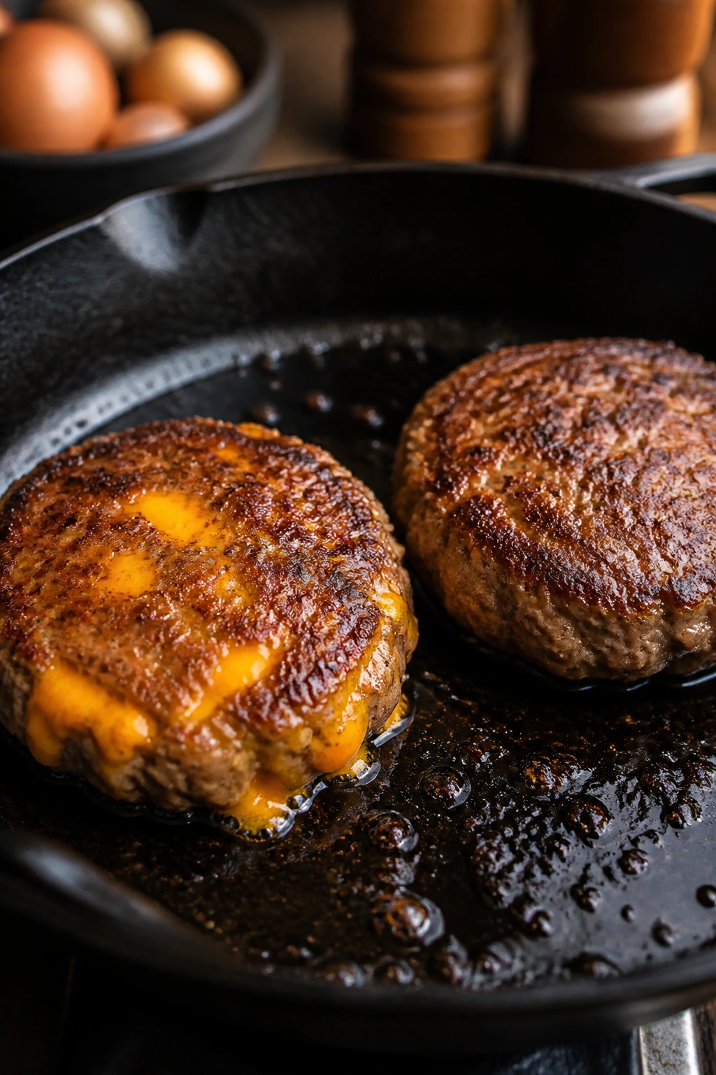 Two sausage patties showing variations: cheddar-filled and plain