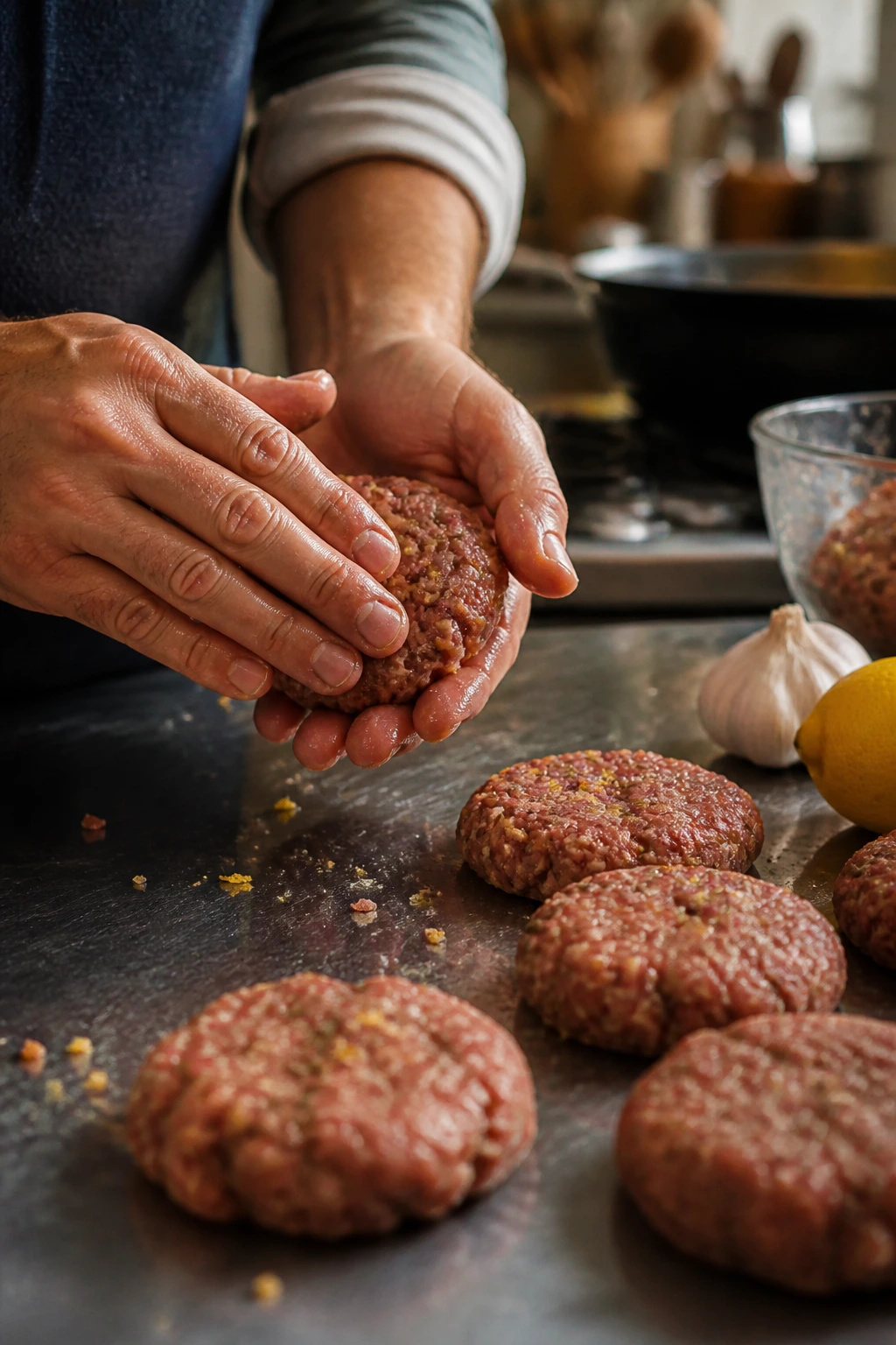 Hands shaping Italian sausage patties in a bright kitchen.