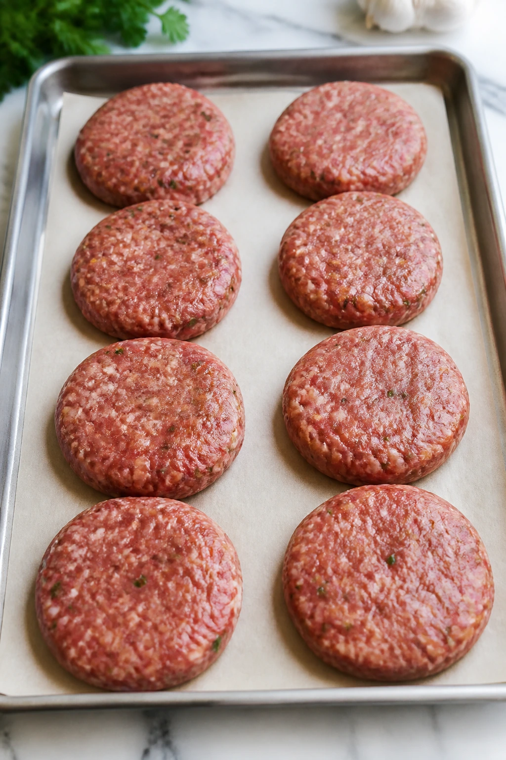Eight patties on parchment-lined sheet pan in a bright kitchen