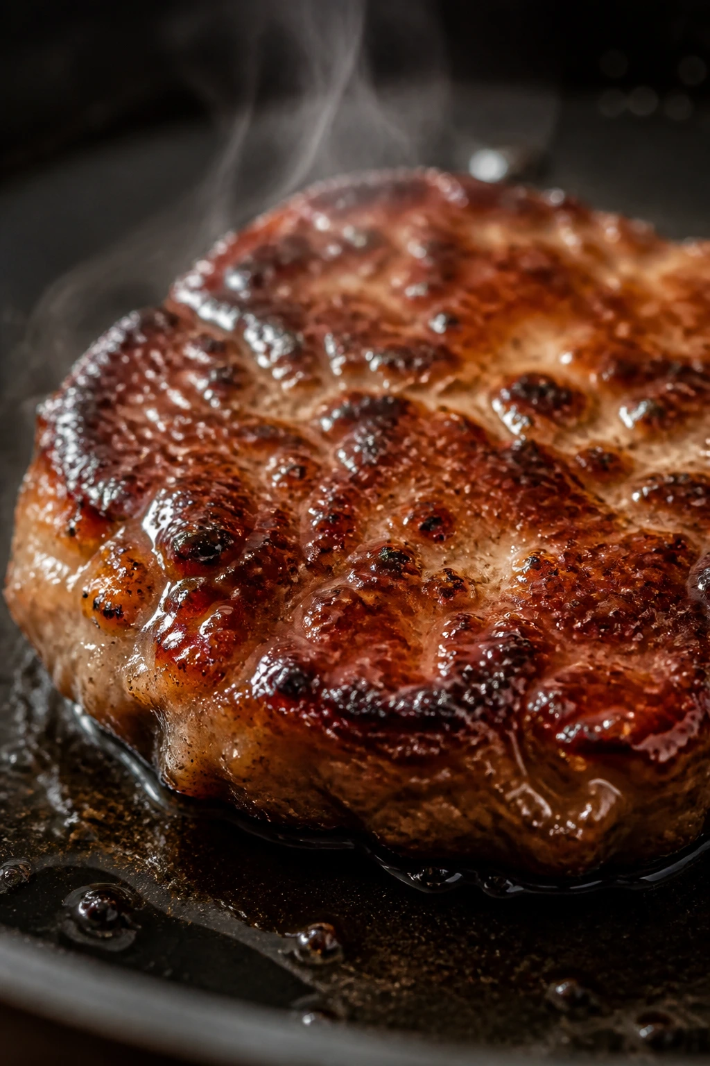 Close-up of a glazed sausage patty with crisp edges in a skillet